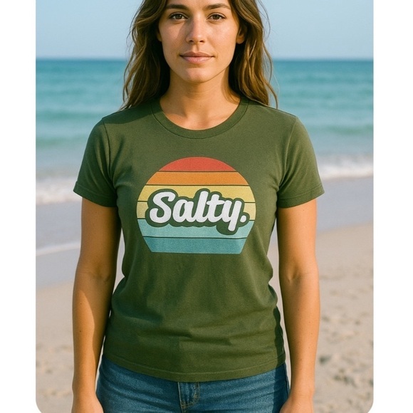 Tops - Women’s Olive Green Graphic T-Shirt – Retro Sunset ‘Salty’ Beach Tee Size small
